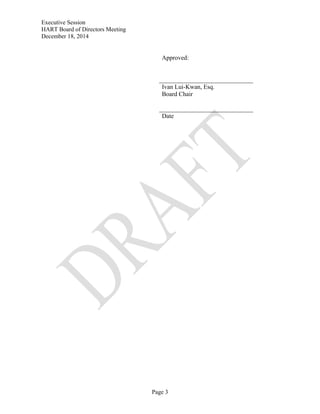Executive Session
HART Board of Directors Meeting
December 18, 2014
Page 3
Approved:
Ivan Lui-Kwan, Esq.
Board Chair
Date
 