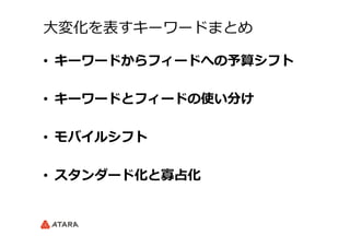 ⼤大変化を表すキーワードまとめ
•  キーワードからフィードへの予算シフト
•  キーワードとフィードの使い分け
•  モバイルシフト
•  スタンダード化と寡占化
 