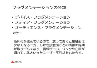 フラグメンテーションの分類
•  デバイス・フラグメンテーション
•  メディア・フラグメンテーション
•  オーディエンス・フラグメンテーション
  etc…
断⽚片化が進んでいるので、放っておくと接触⾯面は
少なくなる⼀一⽅方。しかも接触⾯面ごとの情報の同期
が取りづらくなり、情報が古い、リンクや在庫が
切切れているといったユーザー不不利利益をもたらす。
 