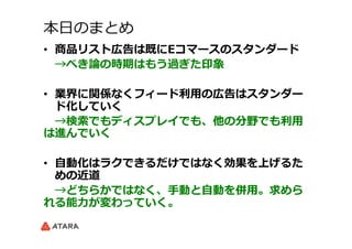 本⽇日のまとめ
•  商品リスト広告は既にEコマースのスタンダード
 　→べき論論の時期はもう過ぎた印象
•  業界に関係なくフィード利利⽤用の広告はスタンダー
ド化していく
 　→検索索でもディスプレイでも、他の分野でも利利⽤用
は進んでいく
•  ⾃自動化はラクできるだけではなく効果を上げるた
めの近道
 　→どちらかではなく、⼿手動と⾃自動を併⽤用。求めら
れる能⼒力力が変わっていく。
 