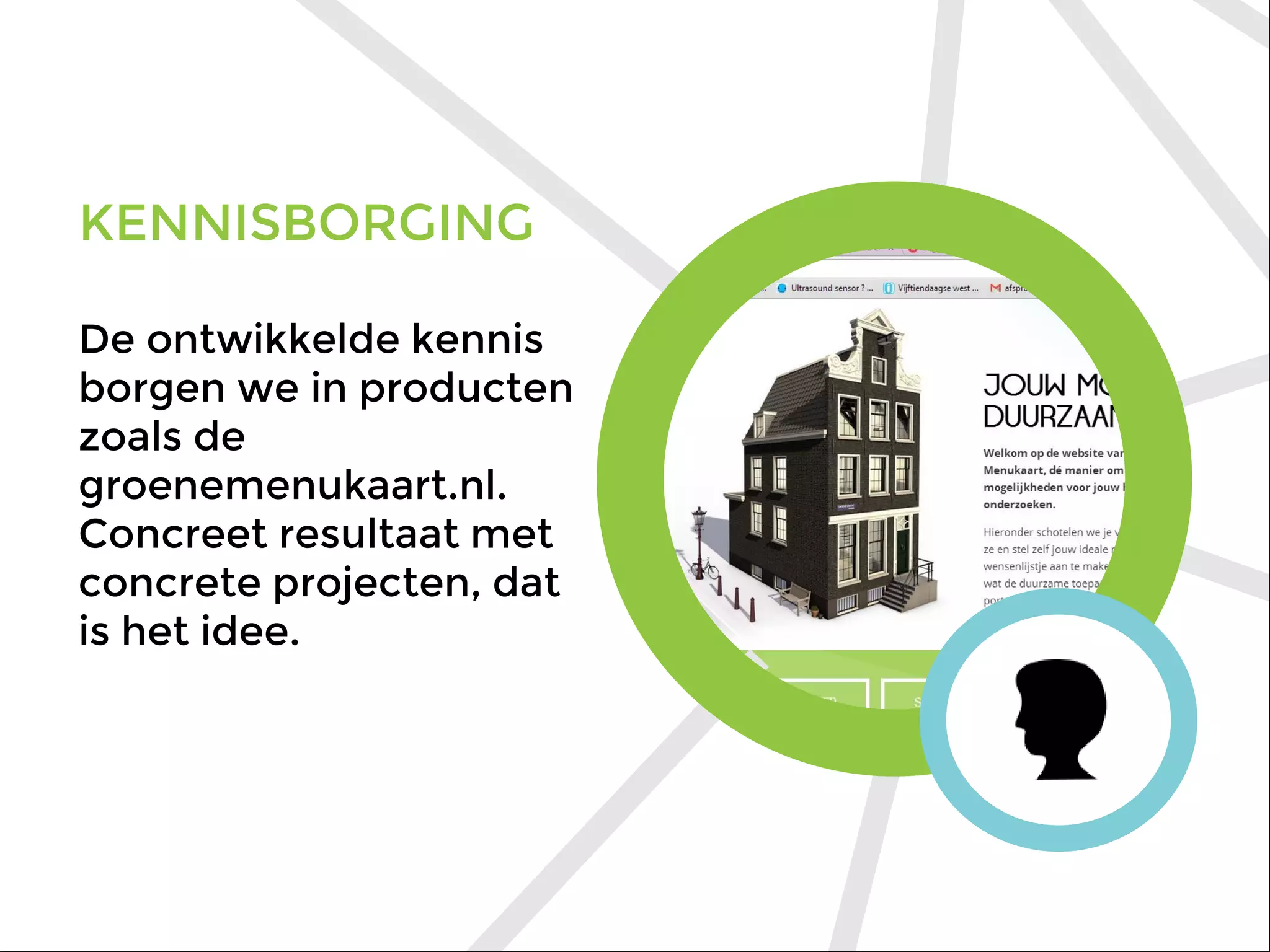 KENNISBORGING
De ontwikkelde kennis
borgen we in producten
zoals de
groenemenukaart.nl.
Concreet resultaat met
concrete projecten, dat
is het idee.
 
