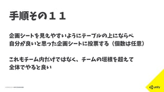 手順その１１
企画シートを見えやすいようにテーブルの上にならべ
自分が良いと思った企画シートに投票する（個数は任意）
これもチーム内だけではなく、チームの垣根を超えて
全体でやると良い
 