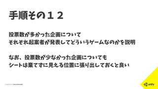 手順その１２
投票数が多かった企画について
それぞれ起案者が発表してどういうゲームなのかを説明
なお、投票数が少なかった企画についても
シートは棄てずに見える位置に張り出しておくと良い
 
