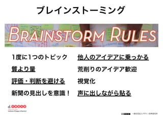 一般社団法人デザイン思考研究所
1度に1つのトピック
質より量
評価・判断を避ける
新聞の見出しを意識！
他人のアイデアに乗っかる
荒削りのアイデア歓迎
視覚化
声に出しながら貼る
ブレインストーミング
 