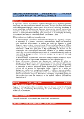 102
ΑΣ2.2:ΗΛΕΚΤΡΟΝΙΚΟΠΟΙΗΣΗ ΑΠΛΟΠΟΙΗΜΕΝΩΝ ΛΕΙΤΟΥΡΓΙΩΝ
ΔΙΑΔΙΚΑΣΙΩΝ ΦΟΡΕΩΝ ΤΗΣ ΔΗΜΟΣΙΑΣ ΔΙΟΙΚΗΣΗΣ
ΠΕΡΙΓΡΑΦΗ:
Οι τεχνολογίες ΤΠΕ θα δημιουργήσουν τις προϋποθέσεις βελτίωσης της παραγωγικότητας
και μείωσης των διοικητικών βαρών. Ωστόσο, συγχρόνως, οι τεχνολογίες αυτές απαιτούν την
παράλληλη αναδιοργάνωση και την καινοτομική προσέγγιση στα λειτουργικά μοντέλα και τις
λειτουργικές δομές και διαδικασίες της Δημόσιας Διοίκησης, στο σχετικό νομοθετικό και
κανονιστικό πλαίσιο και στις γνώσεις και τις ικανότητες του ανθρώπινου κεφαλαίου. Κατά
συνέπεια, οι δράσεις ηλεκτρονικοποίησης σχετίζονται άμεσα με τις δράσεις της Διοικητικής
Μεταρρύθμισης που αφορούν την αναδιοργάνωση του Δημόσιου Τομέα.
Η δέσμη δράσεων περιλαμβάνει ενδεικτικά τα εξής:
1. Ηλεκτρονικοποίηση λειτουργικών διαδικασιών των Φορέων της Δημόσιας Διοίκησης,
σε συνδυασμό με τις δράσεις λειτουργικής αναδιοργάνωσης (BPR) που εντάσσονται
στην Διοικητική Μεταρρύθμιση, με επιλογή και ιεράρχηση δράσεων σε τομείς
εξαιρετικά σημαντικούς για την προώθηση της Ηλεκτρονικής Διακυβέρνησης, αλλά και
για την καλύτερη λειτουργία ζωτικών κρατικών υπηρεσιών (π.χ. ηλεκτρονικοποίηση
διαδικασιών ΥΠΟΙΚ που σχετίζονται με την εξυπηρέτηση των πολιτών και των
επιχειρήσεων, ηλεκτρονικοποίηση διαδικασιών σχετικών με την παροχή υπηρεσιών
υγείας, ηλεκτρονικοποίηση διαδικασιών σχετικών με την παροχή υπηρεσιών ασφάλισης
στους πολίτες, ηλεκτρονικοποίηση διαδικασιών επιτάχυνσης των εργασιών απονομής
δικαιοσύνης, κ.λπ.)
2. Ηλεκτρονικοποίηση διεργασιών και διαδικασιών για τη μείωση των διοικητικών βαρών,
όπως προκύπτει από το έργο του ΟΟΣΑ «Μείωση των Διοικητικών Βαρών».
3. Χρήση ηλεκτρονικών πληρωμών και ηλεκτρονικών τιμολογίων. Η χρήση των
ηλεκτρονικών πληρωμών σε όλο το εύρος των συναλλαγών και μάλιστα ανεξάρτητα από
την ιδιότητα του συναλλασσομένου – χρήστη υπηρεσιών ηλεκτρονικής διακυβέρνησης
ως δικαιούχου ή οφειλέτη χρηματικού ποσού θα αποτελέσει εξαιρετικά σημαντική
ενέργεια για την μείωση των διοικητικών εξόδων. Επιπλέον, με τη χρήση του
ηλεκτρονικού τιμολογίου οι επιχειρήσεις θα μπορούν να εκδώσουν και να ανταλλάξουν
ηλεκτρονικά τιμολόγια, ενώ θα μπορέσει να γίνει και η ηλεκτρονικοποίηση όλων των
σχετικών φορολογικών στοιχείων. Η νομοθετική επιβολή της υποχρεωτικής χρήσης των
ηλεκτρονικών τιμολογίων στις συναλλαγές με τον Δημόσιο Τομέα θα προωθήσει την
διαδικασία αυτή.
ΒΑΘΜΟΣ ΠΡΟΤΕΡΑΙΟΤΗΤΑΣ ΔΕΣΜΗΣ ΔΡΑΣΕΩΝ
(ΥΨΗΛΟΣ/ΜΕΣΑΙΟΣ/ΧΑΜΗΛΟΣ):
Υψηλός. Η ολοκλήρωση των δράσεωναποτελεί σημαντικό στοιχείο για την προώθηση της
εφαρμογής της Ηλεκτρονικής Διακυβέρνησης, σε άμεσο συνδυασμό με τις δράσεις
Διοικητικής Μεταρρύθμισης.
ΥΠΕΥΘΥΝΟΣ ΦΟΡΕΑΣ:
Υπουργείο Διοικητικής Μεταρρύθμισης και Ηλεκτρονικής Διακυβέρνησης
ΥΦΙΣΤΑΜΕΝΑ /ΠΡΟΓΡΑΜΜΑΤΙΖΟΜΕΝΑ ΕΡΓΑ / ΔΡΑΣΕΙΣ:
 