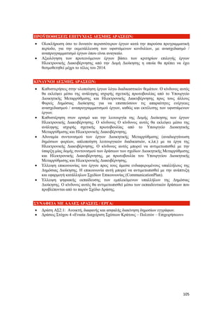 105
ΠΡΟΫΠΟΘΕΣΕΙΣ ΕΠΙΤΥΧΙΑΣ ΔΕΣΜΗΣ ΔΡΑΣΕΩΝ:
 Ολοκλήρωση όσο το δυνατόν περισσότερων έργων κατά την παρούσα προγραμματική
περίοδο, για την εκμετάλλευση των υφιστάμενων κονδυλίων, με ανασχεδιασμό /
αναπρογραμματισμό έργων όπου είναι αναγκαίο.
 Αξιολόγηση των προτεινόμενων έργων βάσει των κριτηρίων επιλογής έργων
Ηλεκτρονικής Διακυβέρνησης από την Δομή Διοίκησης η οποία θα πρέπει να έχει
θεσμοθετηθεί μέχρι το τέλος του 2014.
ΚΙΝΔΥΝΟΙ ΔΕΣΜΗΣ ΔΡΑΣΕΩΝ:
 Καθυστερήσεις στην υλοποίηση έργων λόγω διαδικαστικών θεμάτων. Ο κίνδυνος αυτός
θα εκλείψει μέσω της ανάληψης ισχυρής σχετικής πρωτοβουλίας από το Υπουργείο
Διοικητικής Μεταρρύθμισης και Ηλεκτρονικής Διακυβέρνησης προς τους άλλους
Φορείς Δημόσιας Διοίκησης για να επισπεύσουν τις απαραίτητες ενέργειες
ανασχεδιασμού / αναπρογραμματισμού έργων, καθώς και εκτέλεσης των υφιστάμενων
έργων.
 Καθυστέρηση στον ορισμό και την λειτουργία της Δομής Διοίκησης των έργων
Ηλεκτρονικής Διακυβέρνησης. Ο κίνδυνος Ο κίνδυνος αυτός θα εκλείψει μέσω της
ανάληψης ισχυρής σχετικής πρωτοβουλίας από το Υπουργείο Διοικητικής
Μεταρρύθμισης και Ηλεκτρονικής Διακυβέρνησης.
 Αδυναμία συντονισμού των έργων Διοικητικής Μεταρρύθμισης (αναδιοργάνωση
δημόσιων φορέων, απλοποίηση λειτουργικών διαδικασιών, κ.λπ.) με τα έργα της
Ηλεκτρονικής Διακυβέρνησης. Ο κίνδυνος αυτός μπορεί να αντιμετωπισθεί με την
ύπαρξη μίας δομής συντονισμού των δράσεων των σχεδίων Διοικητικής Μεταρρύθμισης
και Ηλεκτρονικής Διακυβέρνησης, με πρωτοβουλία του Υπουργείου Διοικητικής
Μεταρρύθμισης και Ηλεκτρονικής Διακυβέρνησης.
 Έλλειψη επικοινωνίας του έργου προς τους άμεσα ενδιαφερομένους υπαλλήλους της
Δημόσιας Διοίκησης. Η επικοινωνία αυτή μπορεί να αντιμετωπισθεί με την ανάπτυξη
και εφαρμογή κατάλληλων Σχεδίων Επικοινωνίας (CommunicationPlan).
 Έλλειψη ψηφιακής εκπαίδευσης των εμπλεκόμενων υπαλλήλων της Δημόσιας
Διοίκησης. Ο κίνδυνος αυτός θα αντιμετωπισθεί μέσω των εκπαιδευτικών δράσεων που
προβλέπονται από το παρόν Σχέδιο Δράσης.
ΣΥΝΑΦΕΙΑ ΜΕ ΑΛΛΕΣ ΔΡΑΣΕΙΣ / ΕΡΓΑ:
 Δράση ΑΣ2.1: Ανοικτή, διαφανής και ασφαλής διακίνηση δημοσίων εγγράφων.
 Δράσεις Στόχου 4 «Ενιαία Διαχείριση Σχέσεων Κράτους – Πολιτών – Επιχειρήσεων»
 