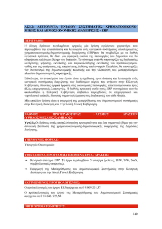 110
ΑΣ3.2: ΛΕΙΤΟΥΡΓΙΑ ΕΝΙΑΙΟΥ ΣΥΣΤΗΜΑΤΟΣ ΧΡΗΜΑΤΟΟΙΚΟΝΟ-
ΜΙΚΗΣ ΚΑΙ ΔΗΜΟΣΙΟΝΟΜΙΚΗΣ ΔΙΑΧΕΙΡΙΣΗΣ - ERP
ΠΕΡΙΓΡΑΦΗ:
Η δέσμη δράσεων περιλαμβάνει αρχικώς μία δράση οριζόντιου χαρακτήρα που
περιλαμβάνει την εγκατάσταση και λειτουργία ενός κεντρικού συστήματος ολοκληρωμένης
χρηματοοικονομικής-δημοσιονομικής διαχείρισης (ERP)που θα συμβαδίζει με τα διεθνή
λογιστικά πρότυπα, θα δίνει μια σφαιρική εικόνα της λειτουργίας του Δημοσίου και θα
οδηγήσεισε καλύτερο έλεγχο των δαπανών. Το σύστημα αυτό θα υποστηρίζει τις διαδικασίες
κατάρτισης, ψήφισης, εκτέλεσης, και παρακολούθησης εκτέλεσης του προϋπολογισμού,
καθώς και της κατάρτισης της απαραίτητης έκθεσης απολογισμού. Επιπλέον, θα υποστηρίζει
τον συντονισμό της δημοσιονομικής πολιτικής και την υλοποίηση του μεσοπρόθεσμου
πλαισίου δημοσιονομικής στρατηγικής.
Ειδικότερα, το αντικείμενο του έργου είναι η σχεδίαση, εγκατάσταση και λειτουργία ενός
κεντρικού συστήματος διαχείρισης των διαθέσιμων πόρων που ανήκουν στην Ελληνική
Κυβέρνηση, δίνοντας αρχικά έμφαση στις οικονομικές λειτουργίες, επεκτεινόμενουκαι προς
άλλες επιχειρησιακές λειτουργίες. Η διεθνής πρακτική υιοθέτησης ERP συστημάτων που θα
ακολουθήσει η Ελληνική Κυβέρνηση επιβάλλει παρεμβάσεις σε επιχειρησιακό και
τεχνολογικό επίπεδο, δίνοντας σημαντική έμφαση στις διαδικασίες του κάθε Φορέα.
Μία επιπλέον δράση είναι η εφαρμογή της μεταρρύθμισης του δημοσιονομικού συστήματος
στην Κεντρική Διοίκηση και στην λοιπή Γενική Κυβέρνηση.
ΒΑΘΜΟΣ ΠΡΟΤΕΡΑΙΟΤΗΤΑΣ ΔΕΣΜΗΣ ΔΡΑΣΕΩΝ
(ΥΨΗΛΟΣ/ΜΕΣΑΙΟΣ/ΧΑΜΗΛΟΣ):
Υψηλός.Οι δράσεις αυτές αποτελούνπρώτη προτεραιότητα και ένα σημαντικό βήμα για την
συνολική βελτίωση της χρηματοοικονομικής-δημοσιονομικής διαχείρισης της Δημόσιας
Διοίκησης.
ΥΠΕΥΘΥΝΟΣ ΦΟΡΕΑΣ:
Υπουργείο Οικονομικών
ΥΦΙΣΤΑΜΕΝΑ /ΠΡΟΓΡΑΜΜΑΤΙΖΟΜΕΝΑ ΕΡΓΑ / ΔΡΑΣΕΙΣ:
 Κεντρικό σύστημα ERP. Το έργο περιλαμβάνει 5 υποέργα (μελέτες, H/W, S/W, SaaS,
συμβουλευτικές υπηρεσίες).
 Εφαρμογή της Μεταρρύθμισης του Δημοσιονομικού Συστήματος στην Κεντρική
Διοίκηση και την Λοιπή Γενική Κυβέρνηση
ΕΚΤΙΜΩΜΕΝΟΣ ΠΡΟΥΠΟΛΟΓΙΣΜΟΣ:
Ο προϋπολογισμός του έργου ERPανέρχεται σε € 9.009.201,37.
Ο προϋπολογισμός του έργου της Μεταρρύθμισης του Δημοσιονομικού Συστήματος
ανέρχεται σε € 16.646. 926,50.
ΠΗΓΗ ΧΡΗΜΑΤΟΔΟΤΗΣΗΣ:
 