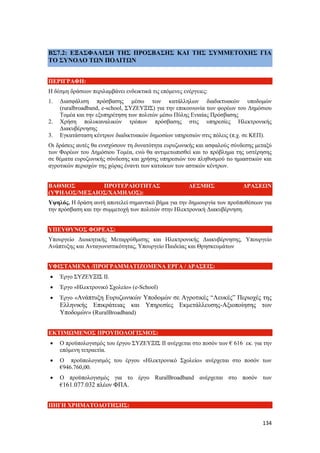 134
ΒΣ7.2: ΕΞΑΣΦΑΛΙΣΗ ΤΗΣ ΠΡΟΣΒΑΣΗΣ ΚΑΙ ΤΗΣ ΣΥΜΜΕΤΟΧΗΣ ΓΙΑ
ΤΟ ΣΥΝΟΛΟ ΤΩΝ ΠΟΛΙΤΩΝ
ΠΕΡΙΓΡΑΦΗ:
Η δέσμη δράσεων περιλαμβάνει ενδεικτικά τις επόμενες ενέργειες:
1. Διασφάλιση πρόσβασης μέσω των κατάλληλων διαδικτυακών υποδομών
(ruralbroadband, e-school, ΣΥΖΕΥΞΙΣ) για την επικοινωνία των φορέων του Δημόσιου
Τομέα και την εξυπηρέτηση των πολιτών μέσω Πύλης Ενιαίας Πρόσβασης
2. Χρήση πολυκαναλικών τρόπων πρόσβασης στις υπηρεσίες Ηλεκτρονικής
Διακυβέρνησης
3. Εγκατάσταση κέντρων διαδικτυακών δημοσίων υπηρεσιών στις πόλεις (π.χ. σε ΚΕΠ).
Οι δράσεις αυτές θα ενισχύσουν τη δυνατότητα ευρυζωνικής και ασφαλούς σύνδεσης μεταξύ
των Φορέων του Δημόσιου Τομέα, ενώ θα αντιμετωπισθεί και το πρόβλημα της υστέρησης
σε θέματα ευρυζωνικής σύνδεσης και χρήσης υπηρεσιών του πληθυσμού τω ημιαστικών και
αγροτικών περιοχών της χώρας έναντι των κατοίκων των αστικών κέντρων.
ΒΑΘΜΟΣ ΠΡΟΤΕΡΑΙΟΤΗΤΑΣ ΔΕΣΜΗΣ ΔΡΑΣΕΩΝ
(ΥΨΗΛΟΣ/ΜΕΣΑΙΟΣ/ΧΑΜΗΛΟΣ):
Υψηλός. Η δράση αυτή αποτελεί σημαντικό βήμα για την δημιουργία των προϋποθέσεων για
την πρόσβαση και την συμμετοχή των πολιτών στην Ηλεκτρονική Διακυβέρνηση.
ΥΠΕΥΘΥΝΟΣ ΦΟΡΕΑΣ:
Υπουργείο Διοικητικής Μεταρρύθμισης και Ηλεκτρονικής Διακυβέρνησης, Υπουργείο
Ανάπτυξης και Ανταγωνιστικότητας, Υπουργείο Παιδείας και Θρησκευμάτων
ΥΦΙΣΤΑΜΕΝΑ /ΠΡΟΓΡΑΜΜΑΤΙΖΟΜΕΝΑ ΕΡΓΑ / ΔΡΑΣΕΙΣ:
 Έργο ΣΥΖΕΥΞΙΣ ΙΙ.
 Έργο «Ηλεκτρονικό Σχολείο» (e-School)
 Έργο «Ανάπτυξη Ευρυζωνικών Υποδομών σε Αγροτικές “Λευκές” Περιοχές της
Ελληνικής Επικράτειας και Υπηρεσίες Εκμετάλλευσης-Αξιοποίησης των
Υποδομών» (RuralBroadband)
ΕΚΤΙΜΩΜΕΝΟΣ ΠΡΟΥΠΟΛΟΓΙΣΜΟΣ:
 Ο προϋπολογισμός του έργου ΣΥΖΕΥΞΙΣ ΙΙ ανέρχεται στο ποσόν των € 616 εκ. για την
επόμενη τετραετία.
 Ο προϋπολογισμός του έργου «Ηλεκτρονικό Σχολείο» ανέρχεται στο ποσόν των
€946.760,00.
 Ο προϋπολογισμός για το έργο RuralBroadband ανέρχεται στο ποσόν των
€161.077.032 πλέον ΦΠΑ.
ΠΗΓΗ ΧΡΗΜΑΤΟΔΟΤΗΣΗΣ:
 