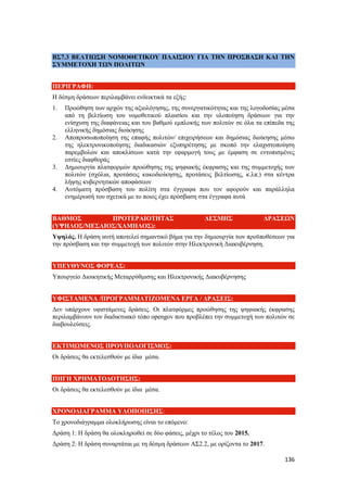 136
ΒΣ7.3 ΒΕΛΤΙΩΣΗ ΝΟΜΟΘΕΤΙΚΟΥ ΠΛΑΙΣΙΟΥ ΓΙΑ ΤΗΝ ΠΡΟΣΒΑΣΗ ΚΑΙ ΤΗΝ
ΣΥΜΜΕΤΟΧΗ ΤΩΝ ΠΟΛΙΤΩΝ
ΠΕΡΙΓΡΑΦΗ:
Η δέσμη δράσεων περιλαμβάνει ενδεικτικά τα εξής:
1. Προώθηση των αρχών της αξιολόγησης, της συνεργατικότητας και της λογοδοσίας μέσα
από τη βελτίωση του νομοθετικού πλαισίου και την υλοποίηση δράσεων για την
ενίσχυση της διαφάνειας και του βαθμού εμπλοκής των πολιτών σε όλα τα επίπεδα της
ελληνικής δημόσιας διοίκησης
2. Αποπροσωποποίηση της επαφής πολιτών/ επιχειρήσεων και δημόσιας διοίκησης μέσω
της ηλεκτρονικοποίησης διαδικασιών εξυπηρέτησης με σκοπό την ελαχιστοποίηση
παρεμβολών και αποκλίσεων κατά την εφαρμογή τους με έμφαση σε εντοπισμένες
εστίες διαφθοράς
3. Δημιουργία πλατφορμών προώθησης της ψηφιακής έκφρασης και της συμμετοχής των
πολιτών (σχόλια, προτάσεις κακοδιοίκησης, προτάσεις βελτίωσης, κ.λπ.) στα κέντρα
λήψης κυβερνητικών αποφάσεων
4. Αυτόματη πρόσβαση του πολίτη στα έγγραφα που τον αφορούν και παράλληλα
ενημέρωσή του σχετικά με το ποιος έχει πρόσβαση στα έγγραφα αυτά
ΒΑΘΜΟΣ ΠΡΟΤΕΡΑΙΟΤΗΤΑΣ ΔΕΣΜΗΣ ΔΡΑΣΕΩΝ
(ΥΨΗΛΟΣ/ΜΕΣΑΙΟΣ/ΧΑΜΗΛΟΣ):
Υψηλός. Η δράση αυτή αποτελεί σημαντικό βήμα για την δημιουργία των προϋποθέσεων για
την πρόσβαση και την συμμετοχή των πολιτών στην Ηλεκτρονική Διακυβέρνηση.
ΥΠΕΥΘΥΝΟΣ ΦΟΡΕΑΣ:
Υπουργείο Διοικητικής Μεταρρύθμισης και Ηλεκτρονικής Διακυβέρνησης
ΥΦΙΣΤΑΜΕΝΑ /ΠΡΟΓΡΑΜΜΑΤΙΖΟΜΕΝΑ ΕΡΓΑ / ΔΡΑΣΕΙΣ:
Δεν υπάρχουν υφιστάμενες δράσεις. Οι πλατφόρμες προώθησης της ψηφιακής έκφρασης
περιλαμβάνουν τον διαδικτυακό τόπο opengov που προβλέπει την συμμετοχή των πολιτών σε
διαβουλεύσεις.
ΕΚΤΙΜΩΜΕΝΟΣ ΠΡΟΥΠΟΛΟΓΙΣΜΟΣ:
Οι δράσεις θα εκτελεσθούν με ίδια μέσα.
ΠΗΓΗ ΧΡΗΜΑΤΟΔΟΤΗΣΗΣ:
Οι δράσεις θα εκτελεσθούν με ίδια μέσα.
ΧΡΟΝΟΔΙΑΓΡΑΜΜΑ ΥΛΟΠΟΙΗΣΗΣ:
Το χρονοδιάγραμμα ολοκλήρωσης είναι το επόμενο:
Δράση 1: Η δράση θα ολοκληρωθεί σε δύο φάσεις, μέχρι το τέλος του 2015.
Δράση 2: Η δράση συναρτάται με τη δέσμη δράσεων ΑΣ2.2, με ορίζοντα το 2017.
 