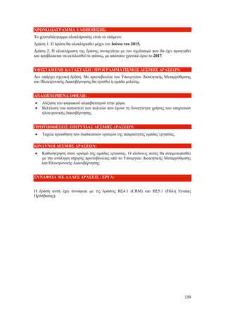 139
ΧΡΟΝΟΔΙΑΓΡΑΜΜΑ ΥΛΟΠΟΙΗΣΗΣ:
Το χρονοδιάγραμμα ολοκλήρωσης είναι το επόμενο:
Δράση 1: Η δράση θα ολοκληρωθεί μέχρι τον Ιούνιο του 2015.
Δράση 2: Η ολοκλήρωση της δράσης συναρτάται με τον σχεδιασμό που θα έχει προηγηθεί
και προβλέπεται να εκτελεσθεί σε φάσεις, με απώτατο χρονικό όριο το 2017.
ΥΦΙΣΤΑΜΕΝΗ ΚΑΤΑΣΤΑΣΗ / ΠΡΟΓΡΑΜΜΑΤΙΣΜΟΣ ΔΕΣΜΗΣ ΔΡΑΣΕΩΝ:
Δεν υπάρχει σχετική δράση. Με πρωτοβουλία του Υπουργείου Διοικητικής Μεταρρύθμισης
και Ηλεκτρονικής Διακυβέρνησης θα ορισθεί η ομάδα μελέτης.
ΑΝΑΜΕΝΟΜΕΝΑ ΟΦΕΛΗ:
 Αύξηση του ψηφιακού αλφαβητισμού στην χώρα.
 Βελτίωση του ποσοστού των πολιτών που έχουν τη δυνατότητα χρήσης των υπηρεσιών
ηλεκτρονικής διακυβέρνησης.
ΠΡΟΫΠΟΘΕΣΕΙΣ ΕΠΙΤΥΧΙΑΣ ΔΕΣΜΗΣ ΔΡΑΣΕΩΝ:
 Ταχεία προώθηση των διαδικασιών ορισμού της απαραίτητης ομάδας εργασίας.
ΚΙΝΔΥΝΟΙ ΔΕΣΜΗΣ ΔΡΑΣΕΩΝ:
 Καθυστέρηση στον ορισμό της ομάδας εργασίας. Ο κίνδυνος αυτός θα αντιμετωπισθεί
με την ανάληψη ισχυρής πρωτοβουλίας από το Υπουργείο Διοικητικής Μεταρρύθμισης
και Ηλεκτρονικής Διακυβέρνησης.
ΣΥΝΑΦΕΙΑ ΜΕ ΑΛΛΕΣ ΔΡΑΣΕΙΣ / ΕΡΓΑ:
Η δράση αυτή έχει συνάφεια με τις δράσεις ΒΣ4.1 (CRM) και ΒΣ5.1 (Πύλη Ενιαίας
Πρόσβασης).
 