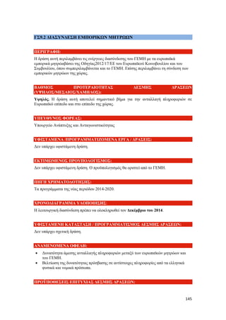 145
ΓΣ9.2 ΔΙΑΣΥΝΔΕΣΗ ΕΜΠΟΡΙΚΩΝ ΜΗΤΡΩΩΝ
ΠΕΡΙΓΡΑΦΗ:
Η δράση αυτή περιλαμβάνει τις ενέργειες διασύνδεσης του ΓΕΜΗ με τα ευρωπαϊκά
εμπορικά μητρώαβάσει της Οδηγίας2012/17/ΕΕ του Ευρωπαϊκού Κοινοβουλίου και του
Συμβουλίου, όπου συμπεριλαμβάνεται και το ΓΕΜΗ. Επίσης περιλαμβάνει τη σύνδεση των
εμπορικών μητρώων της χώρας.
ΒΑΘΜΟΣ ΠΡΟΤΕΡΑΙΟΤΗΤΑΣ ΔΕΣΜΗΣ ΔΡΑΣΕΩΝ
(ΥΨΗΛΟΣ/ΜΕΣΑΙΟΣ/ΧΑΜΗΛΟΣ):
Υψηλός. Η δράση αυτή αποτελεί σημαντικό βήμα για την ανταλλαγή πληροφοριών σε
Ευρωπαϊκό επίπεδο και στο επίπεδο της χώρας.
ΥΠΕΥΘΥΝΟΣ ΦΟΡΕΑΣ:
Υπουργείο Ανάπτυξης και Ανταγωνιστικότητας
ΥΦΙΣΤΑΜΕΝΑ /ΠΡΟΓΡΑΜΜΑΤΙΖΟΜΕΝΑ ΕΡΓΑ / ΔΡΑΣΕΙΣ:
Δεν υπάρχει υφιστάμενη δράση.
ΕΚΤΙΜΩΜΕΝΟΣ ΠΡΟΥΠΟΛΟΓΙΣΜΟΣ:
Δεν υπάρχει υφιστάμενη δράση. Ο προϋπολογισμός θα οριστεί από το ΓΕΜΗ.
ΠΗΓΗ ΧΡΗΜΑΤΟΔΟΤΗΣΗΣ:
Τα προγράμματα της νέας περιόδου 2014-2020.
ΧΡΟΝΟΔΙΑΓΡΑΜΜΑ ΥΛΟΠΟΙΗΣΗΣ:
Η λειτουργική διασύνδεση πρέπει να ολοκληρωθεί τον Δεκέμβριο του 2014.
ΥΦΙΣΤΑΜΕΝΗ ΚΑΤΑΣΤΑΣΗ / ΠΡΟΓΡΑΜΜΑΤΙΣΜΟΣ ΔΕΣΜΗΣ ΔΡΑΣΕΩΝ:
Δεν υπάρχει σχετική δράση.
ΑΝΑΜΕΝΟΜΕΝΑ ΟΦΕΛΗ:
 Δυνατότητα άμεσης ανταλλαγής πληροφοριών μεταξύ των ευρωπαϊκών μητρώων και
του ΓΕΜΗ.
 Βελτίωση της δυνατότητας πρόσβασης σε αντίστοιχες πληροφορίες από τα ελληνικά
φυσικά και νομικά πρόσωπα.
ΠΡΟΫΠΟΘΕΣΕΙΣ ΕΠΙΤΥΧΙΑΣ ΔΕΣΜΗΣ ΔΡΑΣΕΩΝ:
 