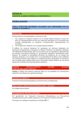 147
ΣΤΟΧΟΣ 10:
ΑΝΟΙΧΤΗ ΔΙΑΘΕΣΗ ΔΗΜΟΣΙΑΣ ΠΛΗΡΟΦΟΡΙΑΣ
ΔΕΣΜΕΣ ΔΡΑΣΕΩΝ
ΓΣ10.1: ΕΝΙΣΧΥΣΗ ΘΕΣΜΙΚΟΥ ΠΛΑΙΣΙΟΥ ΚΑΙ ΥΠΟΔΟΜΩΝ ΓΙΑ ΤΑ
ΑΝΟΙΧΤΑ ΔΕΔΟΜΕΝΑ
ΠΕΡΙΓΡΑΦΗ:
Η δέσμη δράσεων αυτή περιλαμβάνει ενδεικτικά τα εξής:
1. Την ενίσχυση του θεσμικού πλαισίου για τα ανοιχτά δημόσια δεδομένα, γεγονός που
θέτει την ουσιαστική βάση και δίνει την σημαντική υποστήριξη για τη λειτουργία μίας
ανοιχτής διακυβέρνησης, με διαφάνεια, συνεργατικότητα, συμμετοχικότητα και
λογοδοσία.
2. Την ενίσχυση των υποδομών για τα ανοιχτά δημόσια δεδομένα.
Η διάθεση των ανοικτών δεδομένων θα υποστηρίξει την καλύτερη αξιοποίηση των
υφιστάμενων πληροφοριακών συστημάτων και βάσεων δεδομένων της Δημόσιας Διοίκησης,
ενώ παράλληλα θα δημιουργήσει αξία για τους πολίτες και τις επιχειρήσεων, δημιουργώντας
και ευκαιρίες οικονομικής ανάπτυξης με τη δημιουργία εφαρμογών προστιθέμενης αξίας.
Επιπλέον, θα ενισχύσει τις προσπάθειες βελτίωσης της διαφάνειας και του ελέγχου της
Δημόσιας Διοίκησης. Για να συμβεί αυτό, τα ανοιχτά δεδομένα θα πρέπει ευρέως διαθέσιμα
στο μεγαλύτερο δυνατό εύρος χρηστών, με μορφή φιλική προς επεξεργασία, με ευελιξία ως
προς τη χρήση αδειών χρήσης, καθώς και με συγκεκριμένο φορέα υπεύθυνο για την σωστή
τήρηση και συντήρηση της αντίστοιχης βάσης δεδομένων.
ΒΑΘΜΟΣ ΠΡΟΤΕΡΑΙΟΤΗΤΑΣ ΔΕΣΜΗΣ ΔΡΑΣΕΩΝ
(ΥΨΗΛΟΣ/ΜΕΣΑΙΟΣ/ΧΑΜΗΛΟΣ):
Υψηλός. Η δράση αυτή αποτελεί σημαντικό βήμα για την προώθηση των ηλεκτρονικών
υπηρεσιών στους Φορείς της Δημόσιας Διοίκησης.
ΥΠΕΥΘΥΝΟΣ ΦΟΡΕΑΣ:
Υπουργείο Διοικητικής Μεταρρύθμισης και Ηλεκτρονικής Διακυβέρνησης
ΥΦΙΣΤΑΜΕΝΑ /ΠΡΟΓΡΑΜΜΑΤΙΖΟΜΕΝΑ ΕΡΓΑ / ΔΡΑΣΕΙΣ:
Δεν υπάρχει σχετική δράση.
ΕΚΤΙΜΩΜΕΝΟΣ ΠΡΟΥΠΟΛΟΓΙΣΜΟΣ:
Με πρωτοβουλία του Υπουργείου Διοικητικής Μεταρρύθμισης και Ηλεκτρονικής
Διακυβέρνησης θα οριστεί ομάδα εργασίας για την ενίσχυση του θεσμικού πλαισίου.
Η ενίσχυση των υποδομών συναρτάται με την δράση ΒΣ7.1.
 