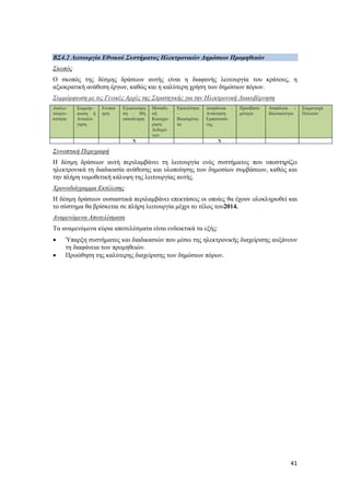 41
BΣ4.2 Λειτουργία Εθνικού Συστήματος Ηλεκτρονικών Δημόσιων Προμηθειών
Σκοπός
Ο σκοπός της δέσμης δράσεων αυτής είναι η διαφανής λειτουργία του κράτους, η
αξιοκρατική ανάθεση έργων, καθώς και η καλύτερη χρήση των δημόσιων πόρων.
Συμμόρφωση με τις Γενικές Αρχές της Στρατηγικής για την Ηλεκτρονική Διακυβέρνηση
Διαλει-
τουργι-
κότητα
Συμμόρ-
φωση ή
Αιτιολό-
γηση
Ενοποί
ηση
Εξοικονόμη
ση – Μη
επανάληψη
Μοναδι-
κή
Καταχώ-
ρηση
Δεδομέ-
νων
Εφικτότητα
–
Βιωσιμότη-
τα
Διαφάνεια –
Ανάκτηση
Εμπιστοσύ-
νης
Προσβασι-
μότητα
Ασφάλεια -
Ιδιωτικότητα
Συμμετοχή
Πολιτών
Χ Χ
Συνοπτική Περιγραφή
Η δέσμη δράσεων αυτή περιλαμβάνει τη λειτουργία ενός συστήματος που υποστηρίζει
ηλεκτρονικά τη διαδικασία ανάθεσης και υλοποίησης των δημοσίων συμβάσεων, καθώς και
την πλήρη νομοθετική κάλυψη της λειτουργίας αυτής.
Χρονοδιάγραμμα Εκτέλεσης
Η δέσμη δράσεων ουσιαστικά περιλαμβάνει επεκτάσεις οι οποίες θα έχουν ολοκληρωθεί και
το σύστημα θα βρίσκεται σε πλήρη λειτουργία μέχρι το τέλος του2014.
Αναμενόμενα Αποτελέσματα
Τα αναμενόμενα κύρια αποτελέσματα είναι ενδεικτικά τα εξής:
 Ύπαρξη συστήματος και διαδικασιών που μέσω της ηλεκτρονικής διαχείρισης αυξάνουν
τη διαφάνεια των προμηθειών.
 Προώθηση της καλύτερης διαχείρισης των δημόσιων πόρων.
 