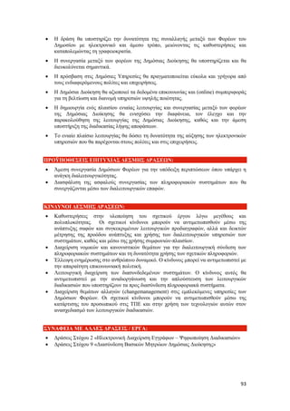 93
 Η δράση θα υποστηρίζει την δυνατότητα της συναλλαγής μεταξύ των Φορέων του
Δημοσίου με ηλεκτρονικό και άμεσο τρόπο, μειώνοντας τις καθυστερήσεις και
καταπολεμώντας τη γραφειοκρατία.
 Η συνεργασία μεταξύ των φορέων της Δημόσιας Διοίκησης θα υποστηρίζεται και θα
διευκολύνεται σημαντικά.
 Η πρόσβαση στις Δημόσιες Υπηρεσίες θα πραγματοποιείται εύκολα και γρήγορα από
τους ενδιαφερόμενους πολίτες και επιχειρήσεις.
 Η Δημόσια Διοίκηση θα αξιοποιεί τα δεδομένα επικοινωνίας και (online) συμπεριφοράς
για τη βελτίωση και διανομή υπηρεσιών υψηλής ποιότητας.
 Η δημιουργία ενός πλαισίου ενιαίας λειτουργίας και συνεργασίας μεταξύ των φορέων
της Δημόσιας Διοίκησης θα ενισχύσει την διαφάνεια, τον έλεγχο και την
παρακολούθηση της λειτουργίας της Δημόσιας Διοίκησης, καθώς και την άμεση
υποστήριξη της διαδικασίας λήψης αποφάσεων.
 Το ενιαίο πλαίσιο λειτουργίας θα δώσει τη δυνατότητα της αύξησης των ηλεκτρονικών
υπηρεσιών που θα παρέχονται στους πολίτες και στις επιχειρήσεις.
ΠΡΟΫΠΟΘΕΣΕΙΣ ΕΠΙΤΥΧΙΑΣ ΔΕΣΜΗΣ ΔΡΑΣΕΩΝ:
 Άμεση συνεργασία Δημόσιων Φορέων για την υπόδειξη περιπτώσεων όπου υπάρχει η
ανάγκη διαλειτουργικότητας.
 Διασφάλιση της ασφαλούς συνεργασίας των πληροφοριακών συστημάτων που θα
συνεργάζονται μέσω των διαλειτουργικών επαφών.
ΚΙΝΔΥΝΟΙ ΔΕΣΜΗΣ ΔΡΑΣΕΩΝ:
 Καθυστερήσεις στην υλοποίηση του σχετικού έργου λόγω μεγέθους και
πολυπλοκότητας. Οι σχετικοί κίνδυνοι μπορούν να αντιμετωπισθούν μέσω της
ανάπτυξης σαφών και συγκεκριμένων λειτουργικών προδιαγραφών, αλλά και δεικτών
μέτρησης της προόδου ανάπτυξης και χρήσης των διαλειτουργικών υπηρεσιών των
συστημάτων, καθώς και μέσω της χρήσης συμφωνιών-πλαισίων.
 Διαχείριση νομικών και κανονιστικών θεμάτων για την διαλειτουργική σύνδεση των
πληροφοριακών συστημάτων και τη δυνατότητα χρήσης των σχετικών πληροφοριών.
 Έλλειψη ενημέρωσης στο ανθρώπινο δυναμικό. Ο κίνδυνος μπορεί να αντιμετωπιστεί με
την απαραίτητη επικοινωνιακή πολιτική.
 Λειτουργική διαχείριση των διασυνδεδεμένων συστημάτων. Ο κίνδυνος αυτός θα
αντιμετωπιστεί με την αναδιοργάνωση και την απλούστευση των λειτουργικών
διαδικασιών που υποστηρίζουν τα προς διασύνδεση πληροφοριακά συστήματα.
 Διαχείριση θεμάτων αλλαγών (changemanagement) στις εμπλεκόμενες υπηρεσίες των
Δημόσιων Φορέων. Οι σχετικοί κίνδυνοι μπορούν να αντιμετωπισθούν μέσω της
κατάρτισης του προσωπικού στις ΤΠΕ και στην χρήση των τεχνολογιών αυτών στον
ανασχεδιασμό των λειτουργικών διαδικασιών.
ΣΥΝΑΦΕΙΑ ΜΕ ΑΛΛΕΣ ΔΡΑΣΕΙΣ / ΕΡΓΑ:
 Δράσεις Στόχου 2 «Ηλεκτρονική Διαχείριση Εγγράφων – Ψηφιοποίηση Διαδικασιών»
 Δράσεις Στόχου 9 «Διασύνδεση Βασικών Μητρώων Δημόσιας Διοίκησης»
 