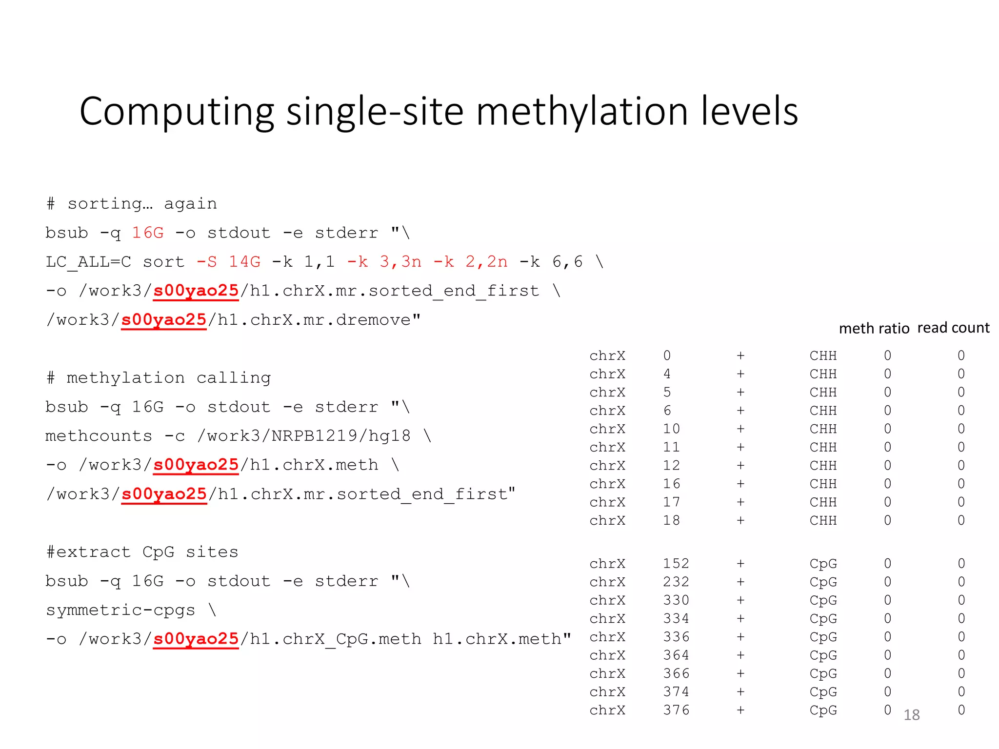 Computing single-site methylation levels
# sorting… again
bsub -q 16G -o stdout -e stderr "
LC_ALL=C sort -S 14G -k 1,1 -k 3,3n -k 2,2n -k 6,6 
-o /work3/s00yao25/h1.chrX.mr.sorted_end_first 
/work3/s00yao25/h1.chrX.mr.dremove"
# methylation calling
bsub -q 16G -o stdout -e stderr "
methcounts -c /work3/NRPB1219/hg18 
-o /work3/s00yao25/h1.chrX.meth 
/work3/s00yao25/h1.chrX.mr.sorted_end_first"
#extract CpG sites
bsub -q 16G -o stdout -e stderr "
symmetric-cpgs 
-o /work3/s00yao25/h1.chrX_CpG.meth h1.chrX.meth"
18
chrX 0 + CHH 0 0
chrX 4 + CHH 0 0
chrX 5 + CHH 0 0
chrX 6 + CHH 0 0
chrX 10 + CHH 0 0
chrX 11 + CHH 0 0
chrX 12 + CHH 0 0
chrX 16 + CHH 0 0
chrX 17 + CHH 0 0
chrX 18 + CHH 0 0
chrX 152 + CpG 0 0
chrX 232 + CpG 0 0
chrX 330 + CpG 0 0
chrX 334 + CpG 0 0
chrX 336 + CpG 0 0
chrX 364 + CpG 0 0
chrX 366 + CpG 0 0
chrX 374 + CpG 0 0
chrX 376 + CpG 0 0
meth ratio read count
 