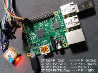 ●配線
GT-723F P1(GND) <---> Pi P1-06(GND)
GT-723F P2(PWR) <---> Pi P1-01(3.3V)
GT-723F P5(TTL-In) <---> Pi P14(TX)
GT-723F P6(TTL-Out) <---> Pi P1-15(RX)
 