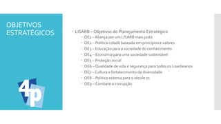 OBJETIVOS
ESTRATÉGICOS  LISARB – Objetivos do Planejamento Estratégico
 OE1 – Aliança por um LISARB mais justo
 OE2 – Política cidadã baseada em princípios e valores
 OE3 – Educação para a sociedade do conhecimento
 OE4 – Economia para uma sociedade sustentável
 OE5 – Proteção social
 OE6 – Qualidade de vida e segurança para todos os Lisarbeanos
 OE7 – Cultura e fortalecimento da diversidade
 OE8 – Politica externa para o século 21
 OE9 – Combate a corrupção
 