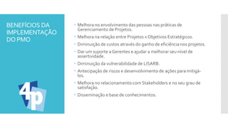 BENEFÍCIOS DA
IMPLEMENTAÇÃO
DO PMO
 Melhora no envolvimento das pessoas nas práticas de
Gerenciamento de Projetos.
 Melhora na relação entre Projetos x Objetivos Estratégicos.
 Diminuição de custos através do ganho de eficiência nos projetos.
 Dar um suporte a Gerentes e ajudar a melhorar seu nível de
assertividade.
 Diminuição da vulnerabilidade de LISARB.
 Antecipação de riscos e desenvolvimento de ações para mitigá-
los.
 Melhora no relacionamento com Stakeholders e no seu grau de
satisfação.
 Disseminação e base de conhecimentos.
 