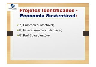 Projetos Identificados -
Economia Sustentável:
7) Empresa sustentável;
8) Financiamento sustentável;
9) Padrão sustentável.
 