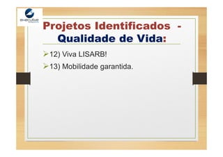 Projetos Identificados -
Qualidade de Vida:
12) Viva LISARB!
13) Mobilidade garantida.
 