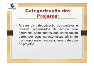 Categorização dos
Projetos:
• Através da categorização dos projetos é
possível organizá-los de acordo com
naturezas semelhantes que estes fazem
parte, por suas características afins, de
um grupo maior, ou seja, uma categoria
de projetos.
 
