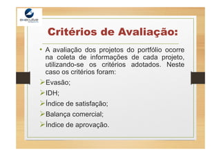 Critérios de Avaliação:
• A avaliação dos projetos do portfólio ocorre
na coleta de informações de cada projeto,
utilizando-se os critérios adotados. Neste
caso os critérios foram:
Evasão;
IDH;
Índice de satisfação;
Balança comercial;
Índice de aprovação.
 