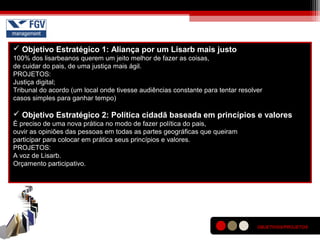 OBJETIVOS/PROJETOS
 Objetivo Estratégico 1: Aliança por um Lisarb mais justo
100% dos lisarbeanos querem um jeito melhor de fazer as coisas,
de cuidar do pais, de uma justiça mais ágil.
PROJETOS:
Justiça digital;
Tribunal do acordo (um local onde tivesse audiências constante para tentar resolver
casos simples para ganhar tempo)
 Objetivo Estratégico 2: Política cidadã baseada em princípios e valores
É preciso de uma nova prática no modo de fazer política do pais,
ouvir as opiniões das pessoas em todas as partes geográficas que queiram
participar para colocar em prática seus princípios e valores.
PROJETOS:
A voz de Lisarb.
Orçamento participativo.
 