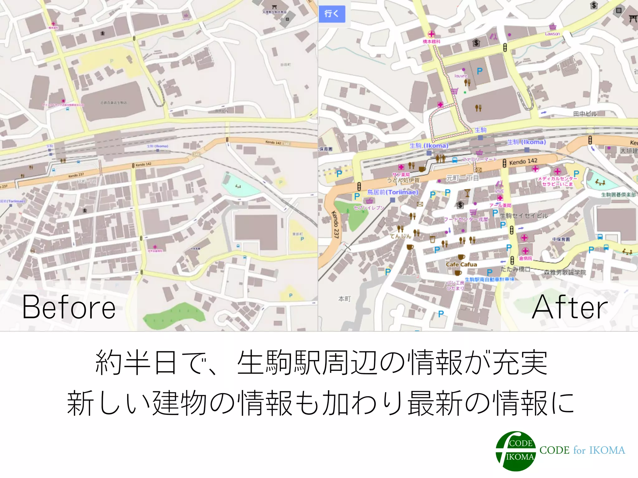 約半日で、生駒駅周辺の情報が充実
新しい建物の情報も加わり最新の情報に
AfterBefore
 
