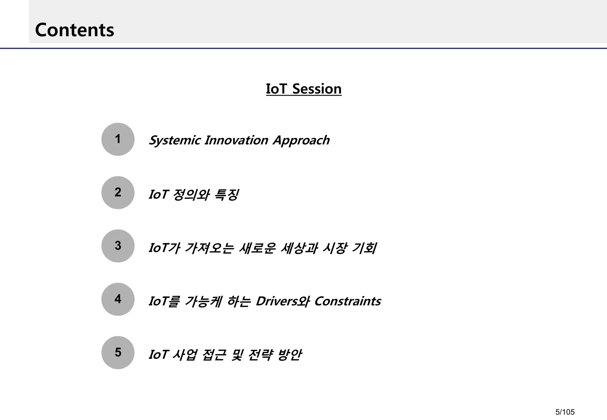 Contents
1
IoT 정의와 특징
3 IoT가 가져오는 새로운 세상과 시장 기회
2
IoT를 가능케 하는 Drivers와 Constraints4
IoT 사업 접근 및 전략 방안
IoT Session
5
Systemic Innovation Approach
5/105
 