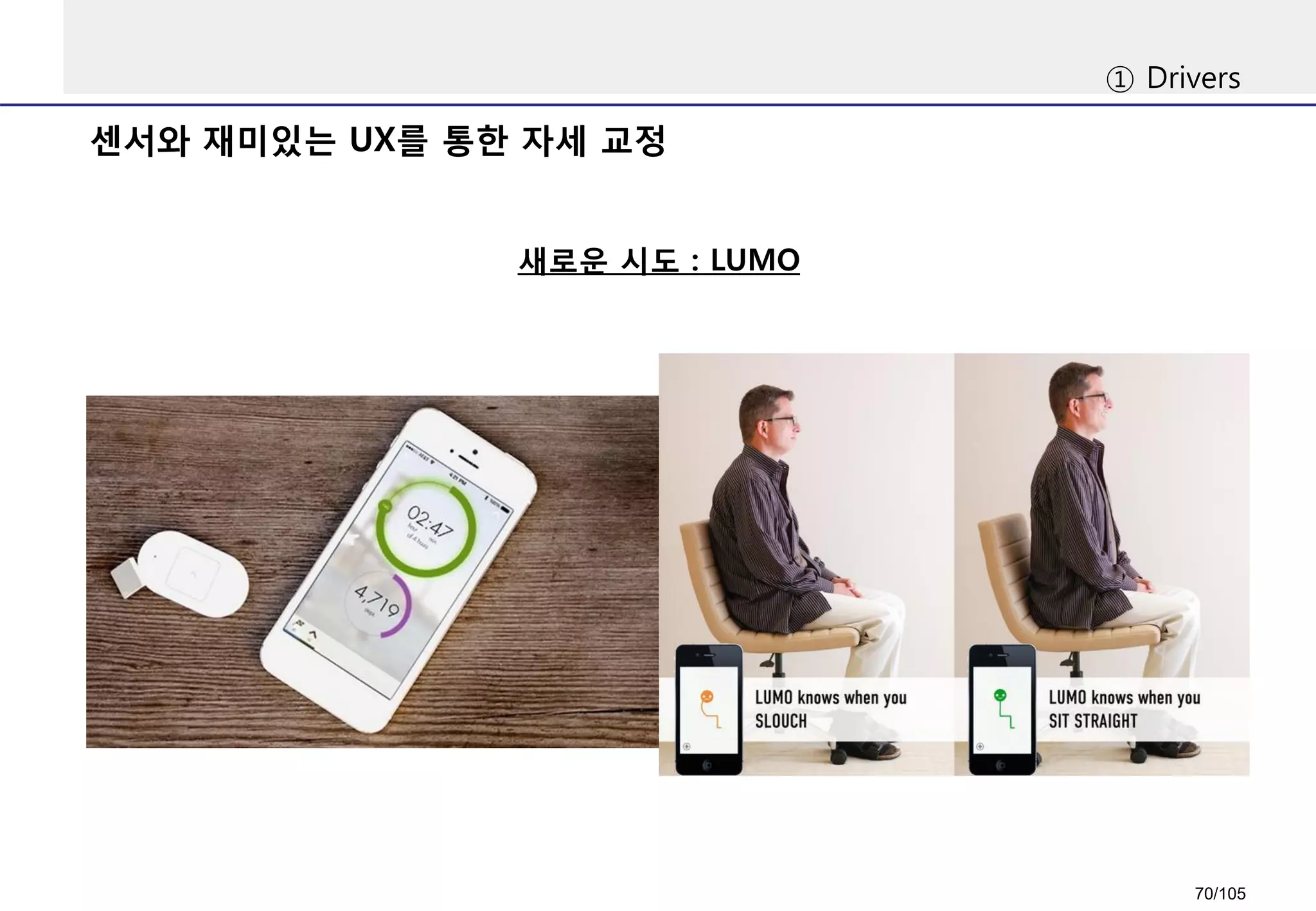 센서와 재미있는 UX를 통한 자세 교정
① Drivers
새로운 시도 : LUMO
70/105
 