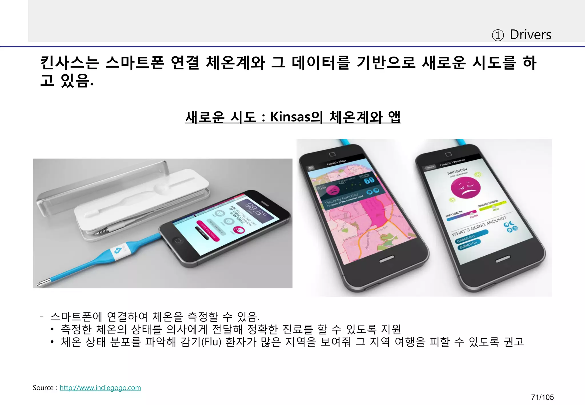 킨사스는 스마트폰 연결 체온계와 그 데이터를 기반으로 새로운 시도를 하
고 있음.
① Drivers
새로운 시도 : Kinsas의 체온계와 앱
Source : http://www.indiegogo.com
- 스마트폰에 연결하여 체온을 측정할 수 있음.
• 측정한 체온의 상태를 의사에게 전달해 정확한 진료를 할 수 있도록 지원
• 체온 상태 분포를 파악해 감기(Flu) 환자가 많은 지역을 보여줘 그 지역 여행을 피할 수 있도록 권고
71/105
 