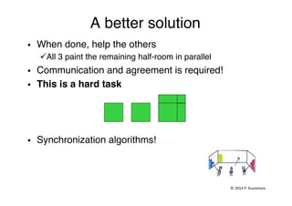 A better solution"
§  When done, help the others "
ü All 3 paint the remaining half-room in parallel "
§  Communication and agreement is required!"
§  This is a hard task!
§  Synchronization algorithms!"
"
©	
  2014	
  P.	
  Kuznetsov	
  	
  
 