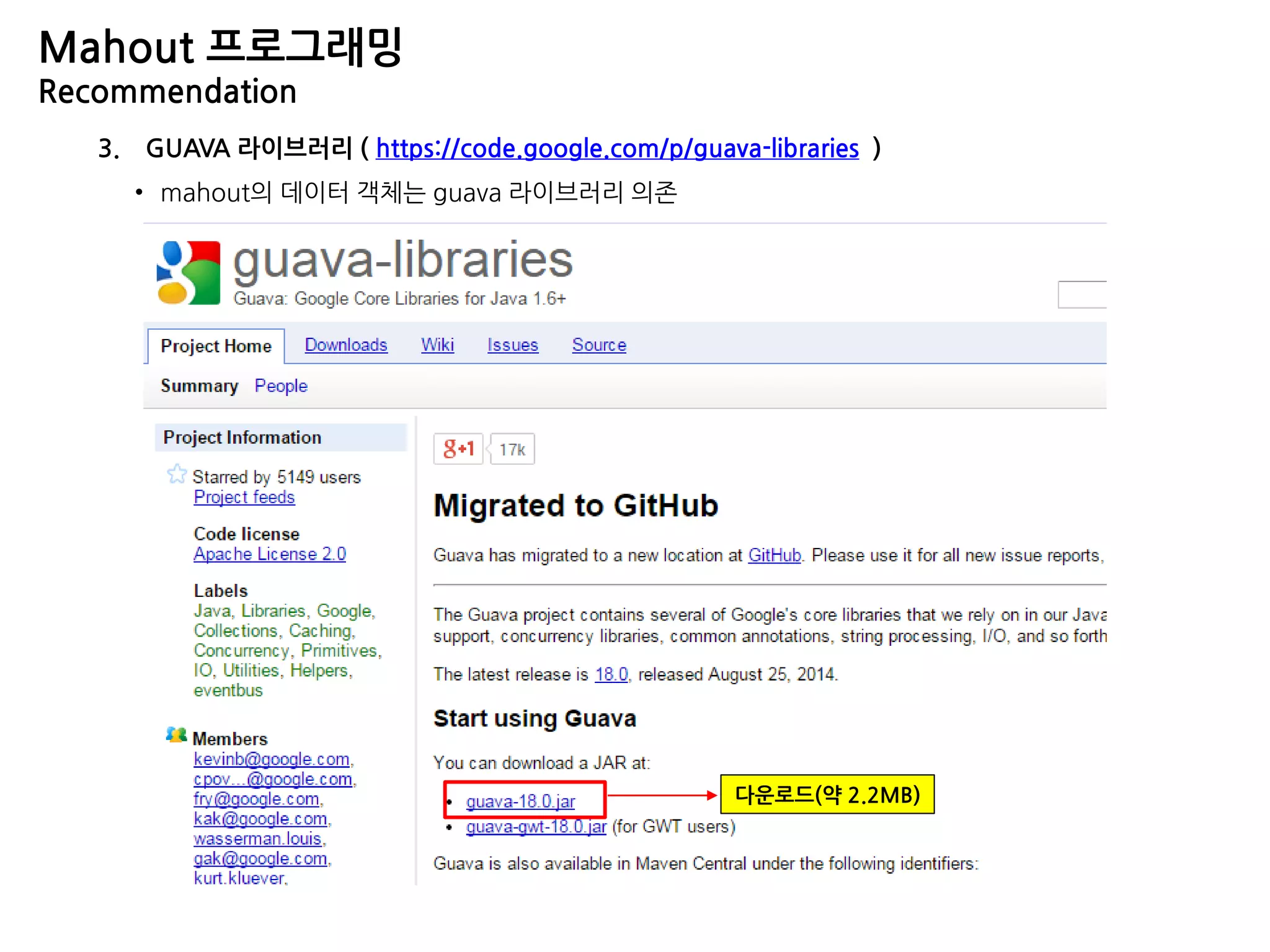 3. GUAVA 라이브러리 ( https://code.google.com/p/guava-libraries )
• mahout의 데이터 객체는 guava 라이브러리 의존
Mahout 프로그래밍
Recommendation
다운로드(약 4.3MB)
다운로드(약 2.2MB)
 