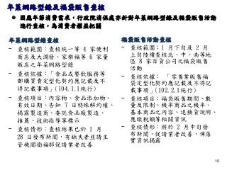 10
年菜網路型錄查核
ￚ 查核範圍：查核統一等 4 家便利
商店及大潤發、家樂福等 6 家量
販店之年菜網路型錄
ￚ 查核依據：「食品或餐飲服務等
郵購買賣定型化契約應記載及不
得記載事項」(104.1.1施行)
ￚ 查核項目：內容物、食品添加物、
有效日期、告知 7 日特殊解約權、
揭露製造商、委託食品廠製造、
推薦、技術指導等標示
ￚ 查核情形：查核結果已於 1 月
28 日發布新聞，有缺失者並請主
管機關衛福部促請業者改善
年菜網路型錄及福袋販售查核
 因應年節消費需求，行政院消保處亦針對年菜網路型錄及福袋販售活動
進行查核，為消費者權益把關
福袋販售活動查核
ￚ 查核範圍：1 月下旬及 2 月
上旬陸續查核北、中、南等地
區 8 家百貨公司之福袋販售
活動
ￚ 查核依據： 「零售業販售福
袋定型化契約應記載及不得記
載事項」(102.2.1施行)
ￚ 查核項目：福袋販售期間、數
量及限制、機率商品之機率、
基本商品之內容、退換貨說明、
應繳稅額等相關資訊
ￚ 查核情形：將於 2 月中旬發
布新聞，促請業者改善，俾落
實資訊揭露
 