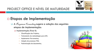 PROJECT OFFICE E NÍVEL DE MATURIDADE
 Etapas de Implementação
 A PergamumConsultingsugere a adoção das seguintes
etapas de implementação:
 Implementação (Fase II):
 Classificação dos Projetos;
 Treinamento da metodologia para GP;
 Implementar Ferramentas;
 Adoção de processos PMI;
 Padronização de documentos;
 