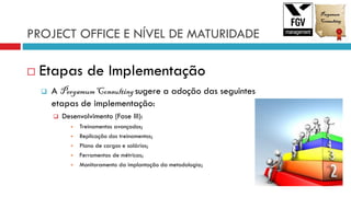 PROJECT OFFICE E NÍVEL DE MATURIDADE
 Etapas de Implementação
 A PergamumConsultingsugere a adoção das seguintes
etapas de implementação:
 Desenvolvimento (Fase III):
 Treinamentos avançados;
 Replicação dos treinamentos;
 Plano de cargos e salários;
 Ferramentas de métricas;
 Monitoramento da implantação da metodologia;
 