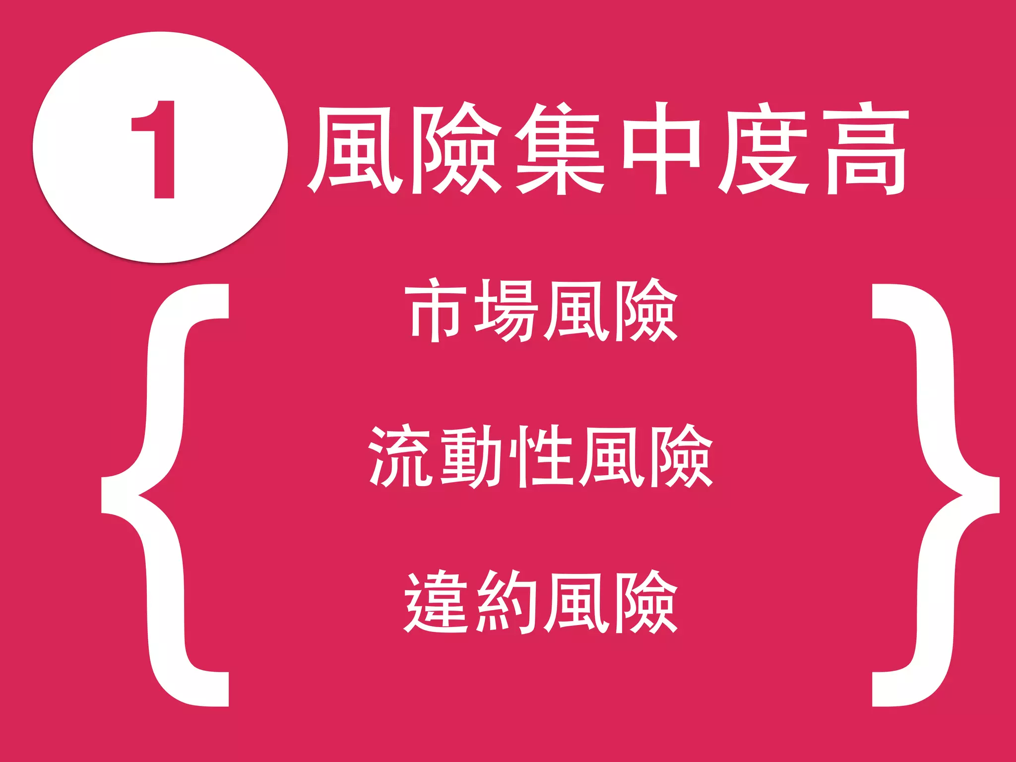 違約⾵風險
1 ⾵風險集中度⾼高
{ }
市場⾵風險
流動性⾵風險
 