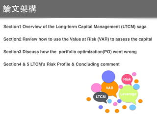 論⽂文架構
Section1 Overview of the Long-term Capital Management (LTCM) saga
Section2 Review how to use the Value at Risk (VAR) to assess the capital
Section3 Discuss how the portfolio optimization(PO) went wrong
Section4 & 5 LTCM’s Risk Proﬁle & Concluding comment
VAR
Leverage
Risk
LTCM
 
