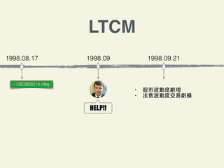 1998.09
- USD$550 m /day
1998.08.17
HELP!!	 
• 股市波動度劇增
• 出售波動度交易虧損
1998.09.21
LTCM
 