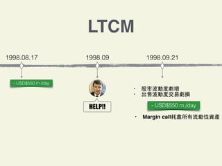 1998.09
- USD$550 m /day
1998.08.17
HELP!!	 
• 股市波動度劇增
• 出售波動度交易虧損
1998.09.21
- USD$550 m /day
LTCM
• Margin call耗盡所有流動性資產
 