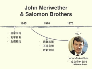 John Meriwether
& Salomon Brothers
1965 1970 1975
• 匯率固定
• 利率管制
• ⾦金價穩定 • 通貨膨脹
• ⽯石油危機
• 放鬆管制
1977
• 成⽴立套利部⾨門
（Arbitrage Group）
John Meriwether
 