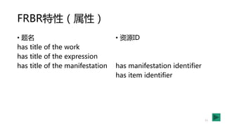 FRBR特性（属性）
• 题名
has title of the work
has title of the expression
has title of the manifestation
• 资源ID
has manifestation identifier
has item identifier
11
 