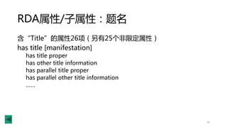 RDA属性/子属性：题名
含“Title”的属性26项（另有25个非限定属性）
has title [manifestation]
has title proper
has other title information
has parallel title proper
has parallel other title information
……
24
 