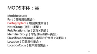 MODS本体：类
ModsResource
Part（部分属性集合）
Cartographics（地图属性集合）
NoteGroup（附注+类型）
RoleRelationship（名称+职能）
IdentifierGroup（非标准标识符+类型）
ClassificationGroup（非标准分类号+分类法）
Location（位置属性集合）
LocationCopy（复本属性集合）
40
 