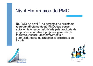 Nível Hierárquico do PMO
No PMO de nível 3, os gerentes de projeto se
reportam diretamente ao PMO, que possui
autonomia e responsabilidade pela auditoria de
propostas, contratos e projetos, gerência de
recursos, análise, desenvolvimento e
aperfeiçoamento de sistemas e processos de
Lisarb.
 
