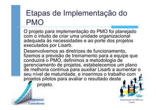 Etapas de Implementação do
PMO
O projeto para implementação do PMO foi planejado
com o intuito de criar uma unidade organizacional
adequada às necessidades e ao porte dos projetos
executados por Lisarb.
Desenvolvemos as diretrizes de funcionamento,
fizemos a previsão de treinamento para a equipe que
conduzirá o PMO, definimos a metodologia de
gerenciamento de projetos, estabelecemos um plano
de melhoria contínua para auxiliar Lisarb a aumentar o
seu nível de maturidade, e inserimos o trabalho com
projetos pilotos para avaliar o resultado deste
projeto.
 