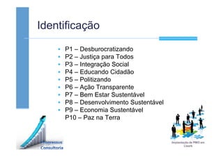 Identificação
P1 – Desburocratizando
P2 – Justiça para Todos
P3 – Integração Social
P4 – Educando Cidadão
P5 – Politizando
P6 – Ação Transparente
P7 – Bem Estar Sustentável
P8 – Desenvolvimento Sustentável
P9 – Economia Sustentável
P10 – Paz na Terra
 