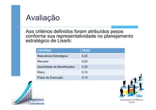 Avaliação
Aos critérios definidos foram atribuídos pesos
conforme sua representatividade no planejamento
estratégico de Lisarb:
CRITÉRIO PESO
Relevância Estratégica 0,25
Recurso 0,20
Quantidade de Beneficiados 0,35
Risco 0,10
Prazo de Execução 0,10
 
