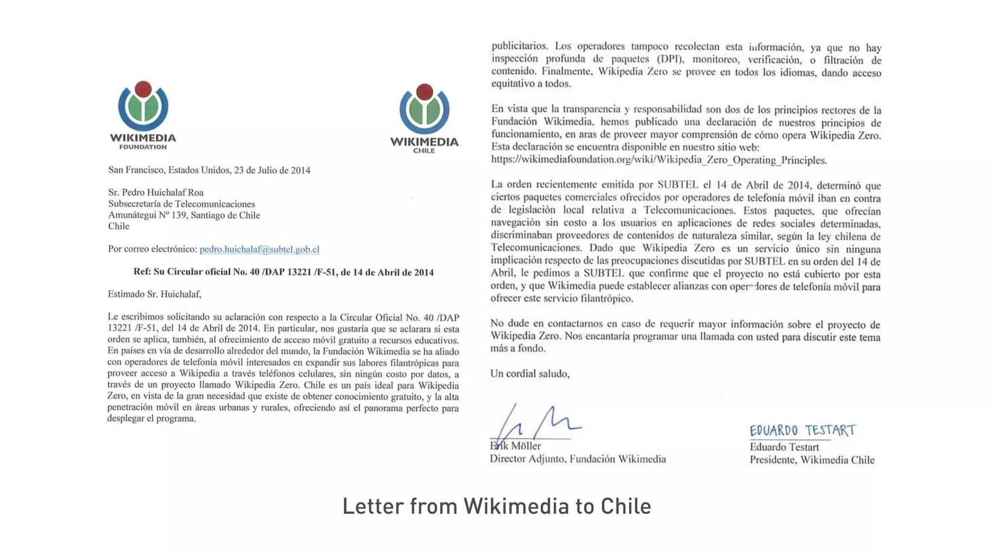 Letter from Wikimedia to Chile
 