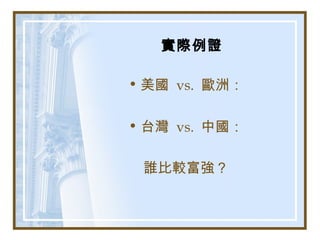 實際例證
• 美國 vs. 歐洲：
• 台灣 vs. 中國：
誰比較富強？
 